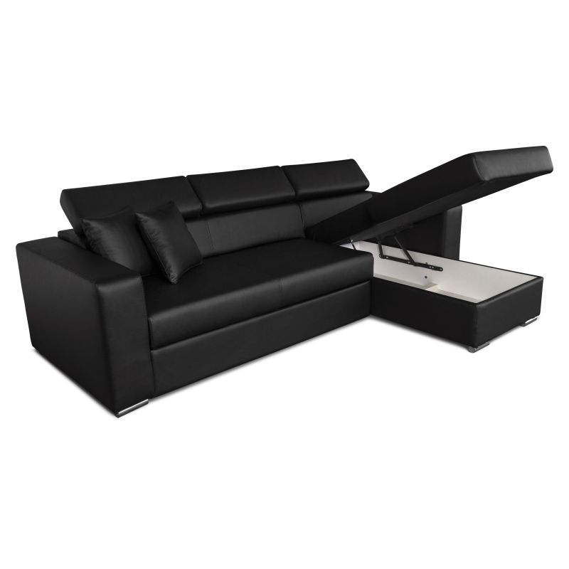 Canapé d’angle réversible convertible avec coffre de rangement et têtières en simili – Noir – LAURIE