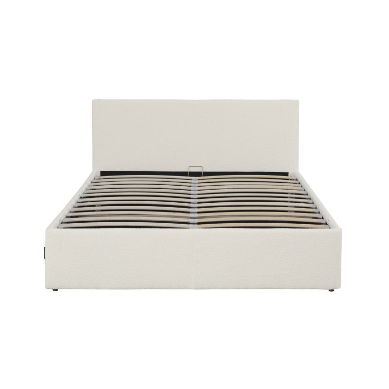 Cadre de lit avec coffre de rangement et tête de lit en tissu bouclette - Blanc - MAJESTIC