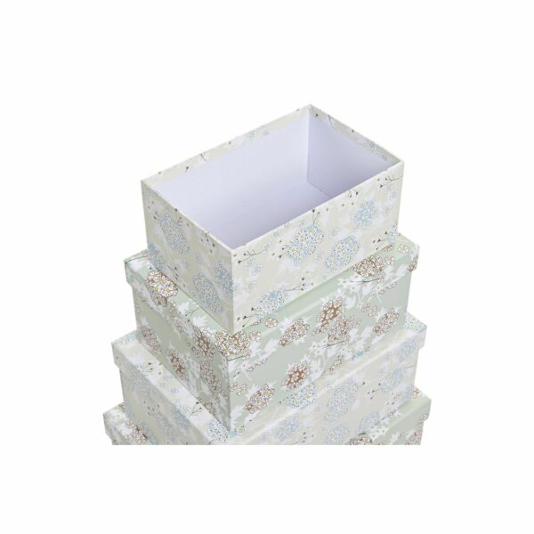 Jeu de Caisses de Rangement Empilables DKD Home Decor Beige Vert Fleurs Carton (43,5 x 33,5 x 15,5 cm)