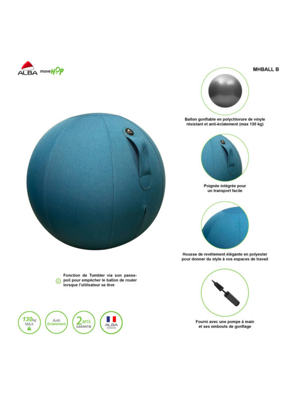 Siège ballon ergonomique revêtement bleu canard